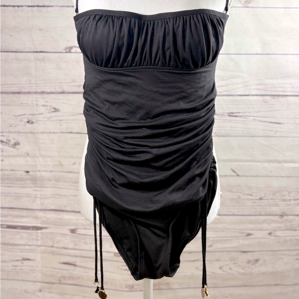 VTG Juicy Couture Beach Royalty Black Ruche Ribbed Open Back One Piece in Size M